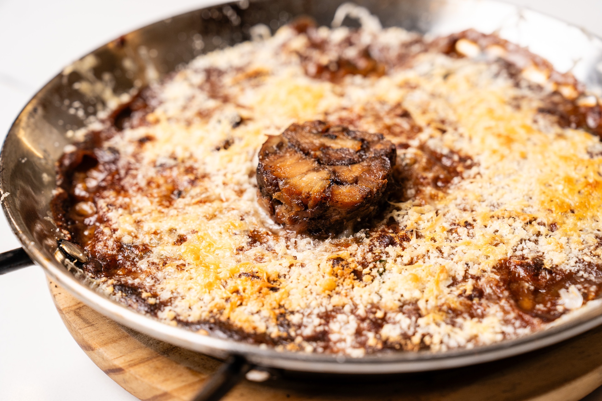 French onion soup gratin with melted cheese